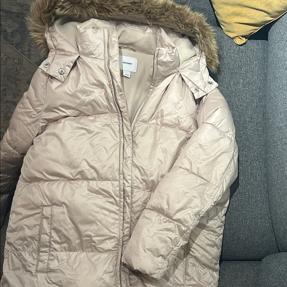 Old Navy Beige Puffer Jacket with Faux Fur Trim